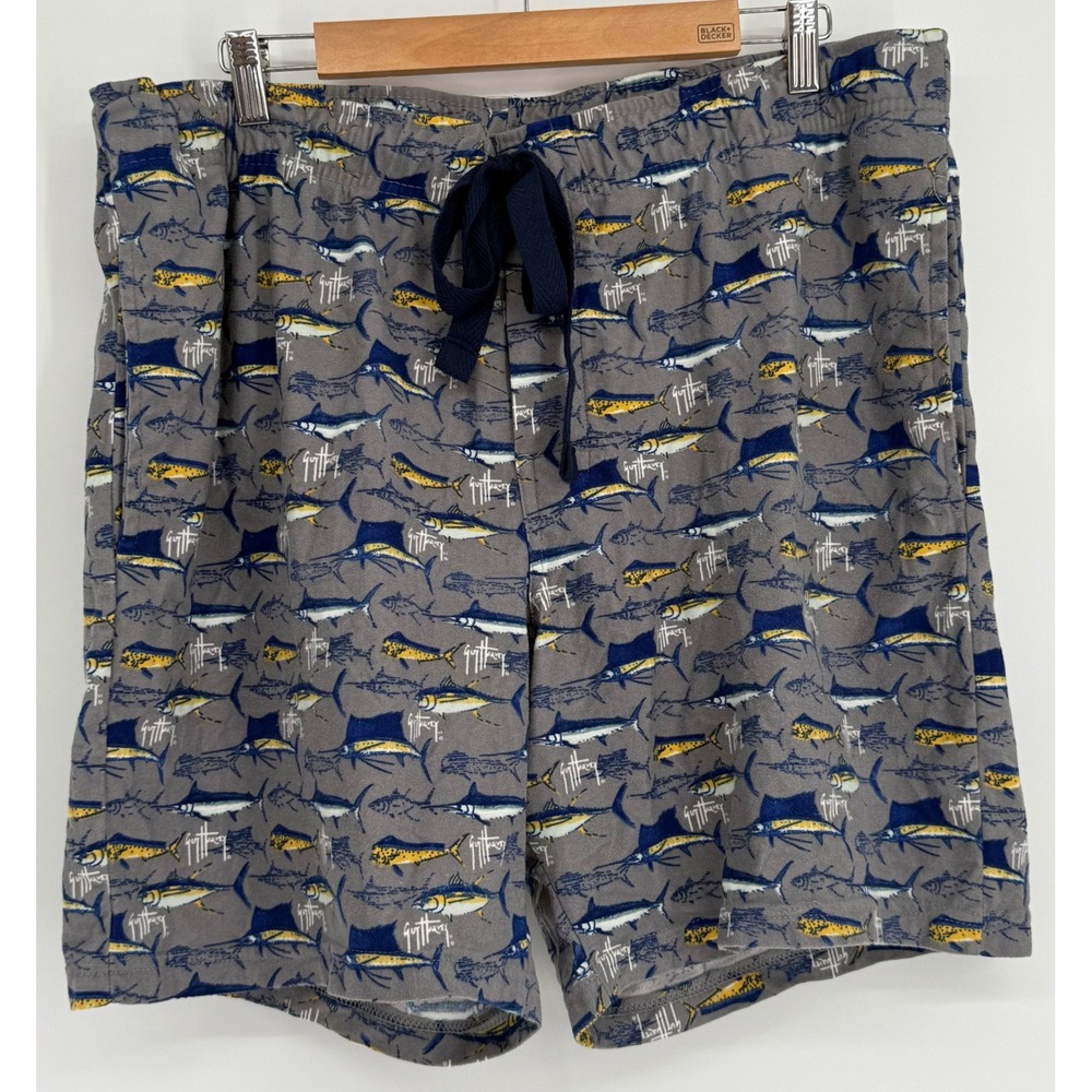 Guy Harvey Mens‎ Gray Fish Print Lounge Pajama Shorts Marlin Drawstring Sz XL
